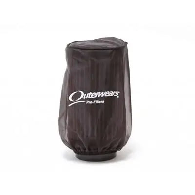 A Black, 3" x 3" Outerwears Prefilter Cover for an LO206 Air Filter.