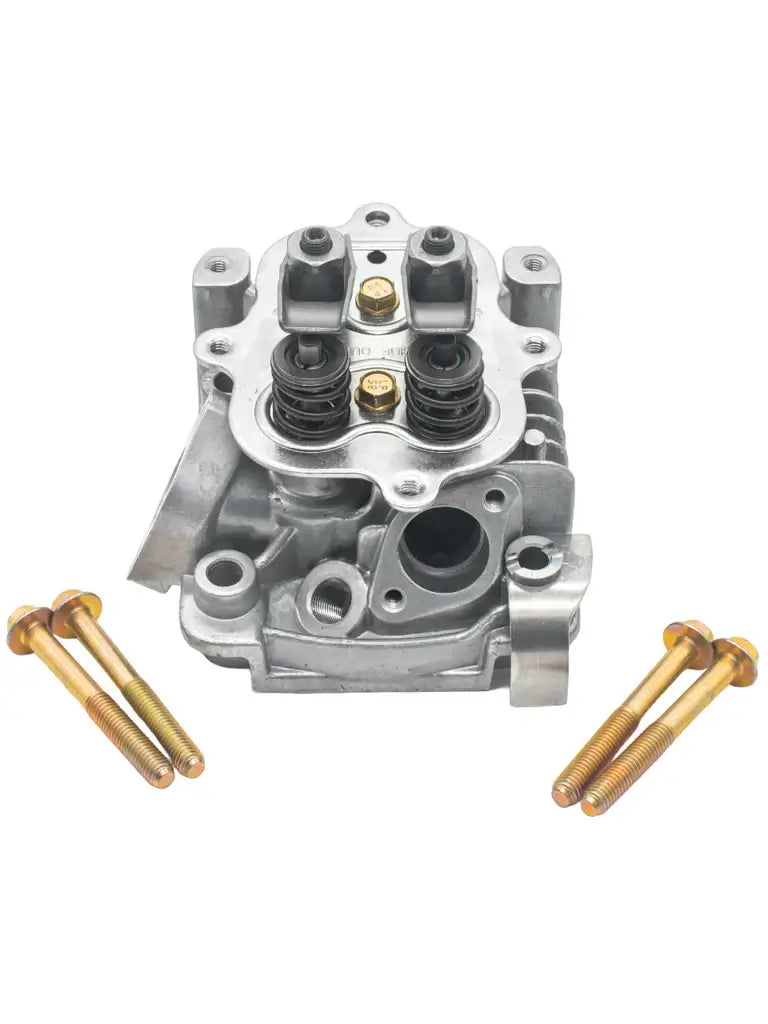 A Silver, Organized Briggs and Stratton LO206 Head Assembly with Four Bronze Colored Flanged Head Bolts and the Silver Cylinder Head with Black Valves and Silver Rockers.