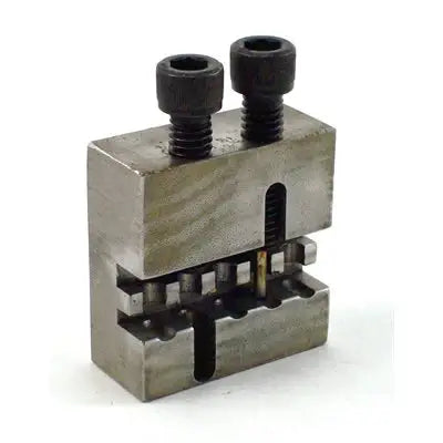 A Silver, Steel #219 Chain Karting Chain Breaker Stands Upright with Two Black Screws Threaded Inside of It, One with a Pin.