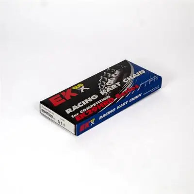 A 114 Link, EK Standard #219 Kart Chain inside of a Blue, White, Red, and Black Cardboard Box Laying Down.