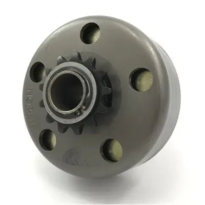 A #219 Stamped Drum Stinger Clutch Standing Upright with a 13-Tooth Front Driver Sprocket on It.