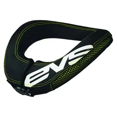 A Black, Adult EVS R2 Kart Racing Neck Brace Collar with Yellow Stitching.