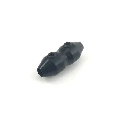 A Black, Metal, Pill-Shaped Aluminum Throttle Cable Clamp with Two Set Screws on Top of It.