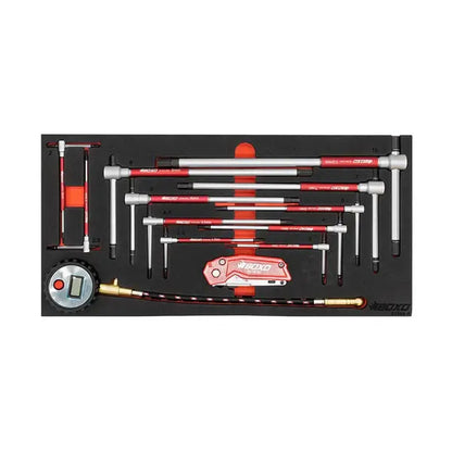 Allen Wrench, Air Tire Pressure Gauge, and Box Cutter Insert of the BOXO KartBox Hand Carry Tool Box Karting Metric Tool Set.