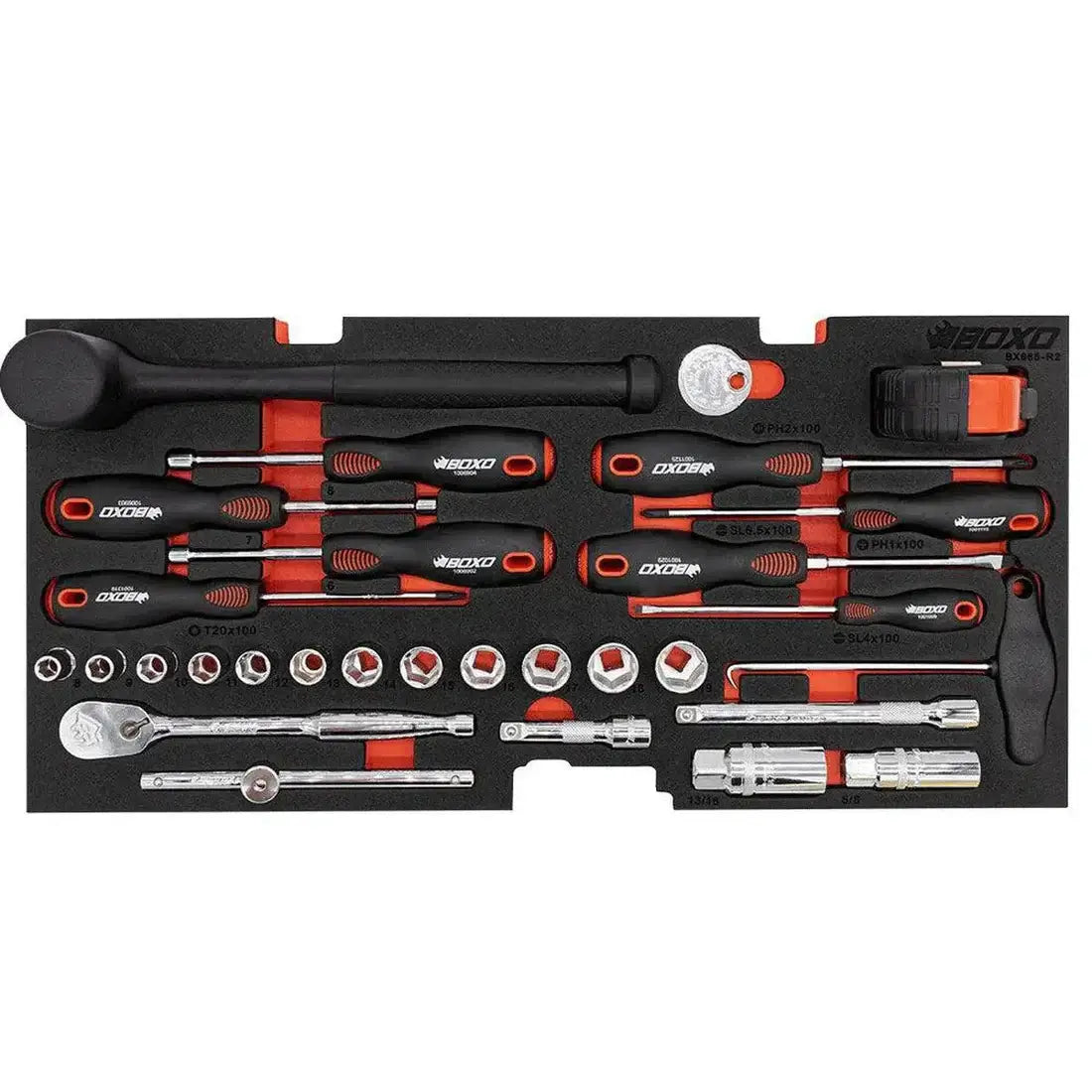 Screwdriver, Socket, Mallet, and Tape Measurer Insert of the BOXO KartBox Hand Carry Tool Box Karting Metric Tool Set.