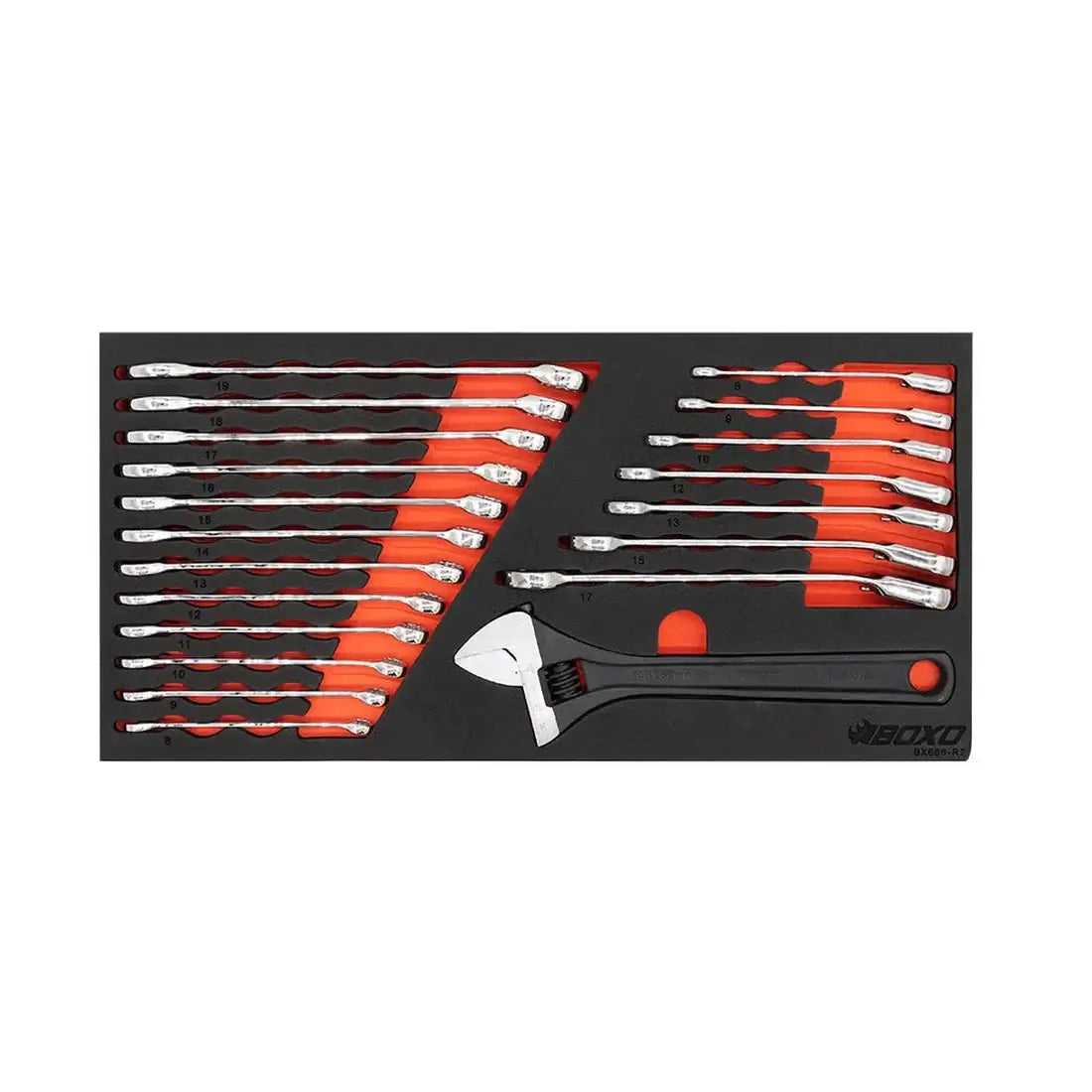 Crescent Wrench and Ratchet Insert of the BOXO KartBox Hand Carry Tool Box Karting Metric Tool Set.