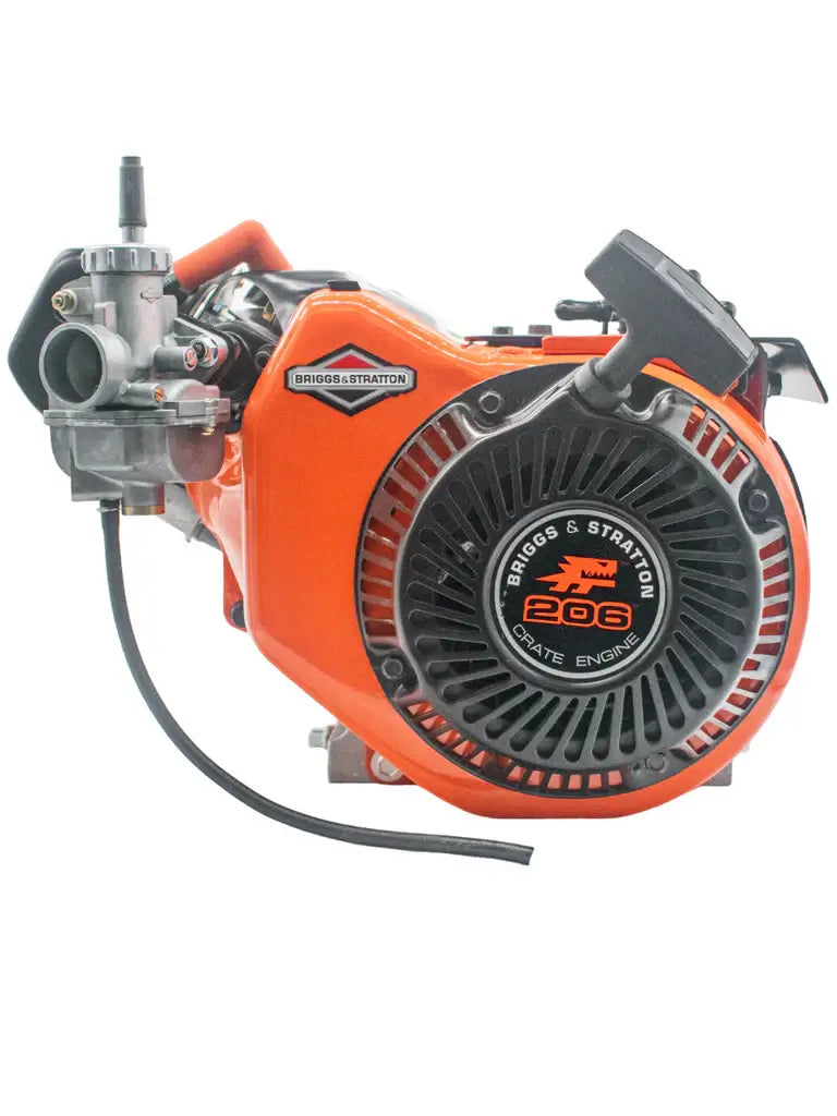 A Briggs and Stratton, Box Stock LO206 Racing Engine with an Orange Side Cover and a Silver Carburetor.