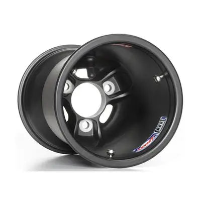 A Black, Douglas Metric 5" x 212 LV Magnesium Kart Racing Rear Wheel Laying on It's Side.