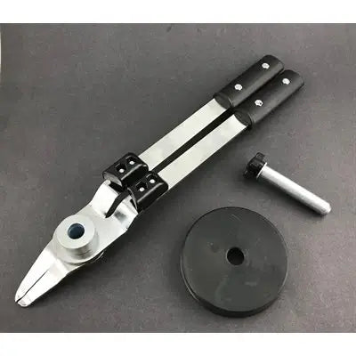 Silver, 5" Karting Tire Mount and Dismounting Scissors Tool with Black Handles, a Black Disc, and a Black and Silver Disc Holding Pin.
