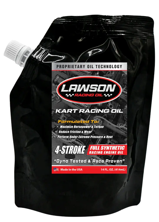 A Black, 14oz Pouch of Lawson Racing Oil with a White Cap Made by Lawson Speed Shop.