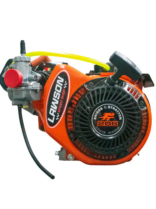 A Right Side View of a Lawson Speed Shop Race-Prepped LO206 Engine with an Orange Side Cover, Silver Carburetor, and a Red Carburetor Plug.
