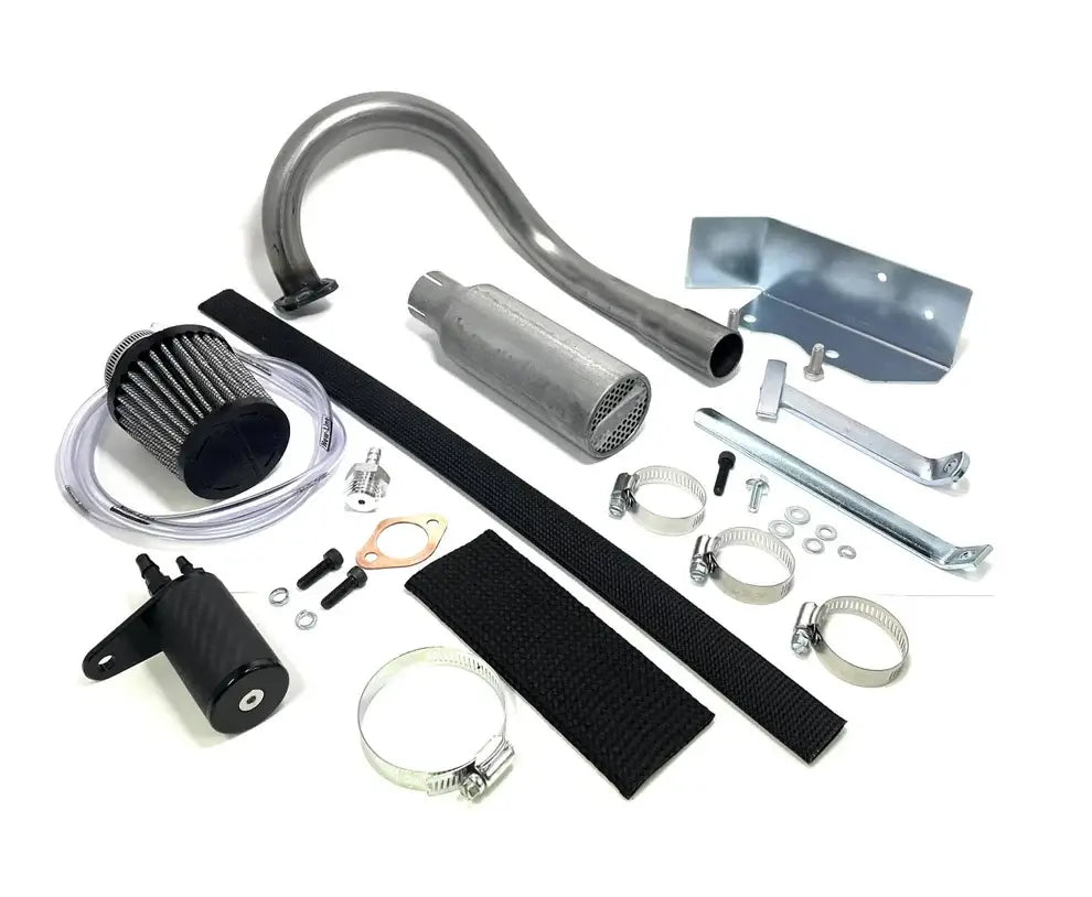 LO206 Accesorry Kit Featuring an Exhaust Kit, Catch Can, Chain Guard, Air Filter, Fuel Line, and Other LO206 Accessories.