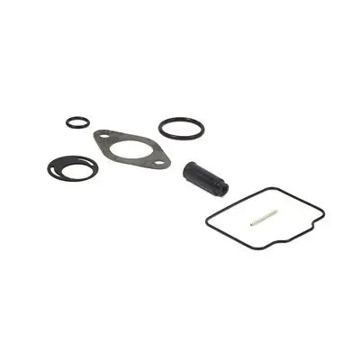 An LO206 Carburetor Overhaul Kit with Two Black O-Rings, a Black Top Cap Gasket and Top Cap Boot, a Gray Intake Gasket, a Float Pin, and a Black Float Bowl Gasket.