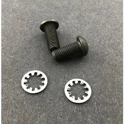 An LO206 Chain Guard SAE Bolt Kit with Two Black Bolts and Two Silver internal Tooth Locking Washers.