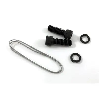 An LO206 Exhaust Header Bolt Kit with Silver Safety Wire, Two Black Drilled Screws, and Two Black Lock Washers.