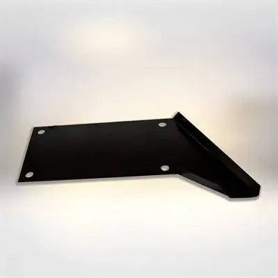 A Black, Metal LO206 Oil Drain Plate with Four Holes for Mounting and a Funneled Channel for Oil Guidance.