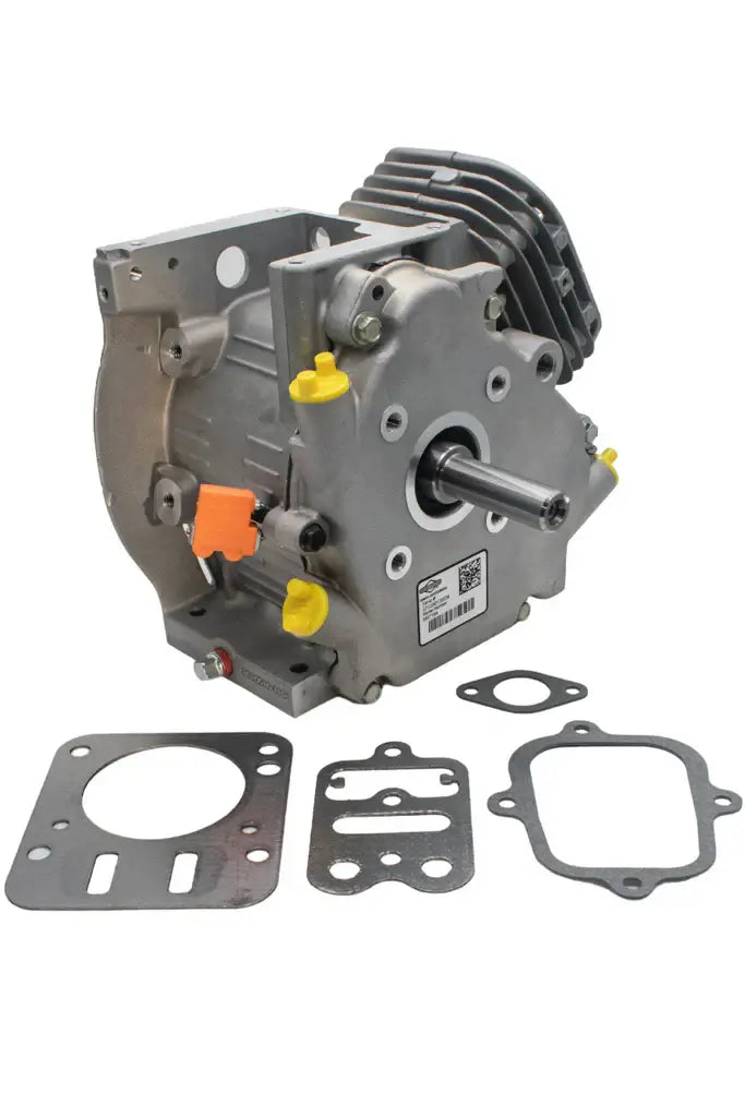 A Silver, Sealed, Briggs and Stratton LO206 Short Block with a Head Gasket, Head Plate Gasket, Valve Cover Gasket, and Intake Gasket Laying Out in Front of It.