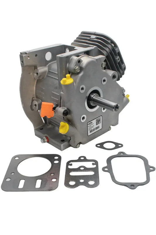 A Silver, Sealed, Briggs and Stratton LO206 Short Block with a Head Gasket, Head Plate Gasket, Valve Cover Gasket, and Intake Gasket Laying Out in Front of It.
