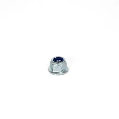 A Silver M6 x 1.0, 6mm Tall Nylock Karting Nut with a Blue Inner Seal.
