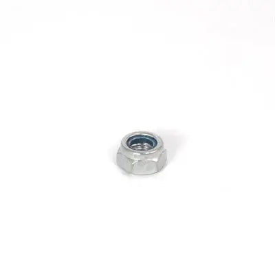 A Silver M8 x 1.25, 7.75mm Tall Nylock Karting Nut with a Blue Inner Seal.