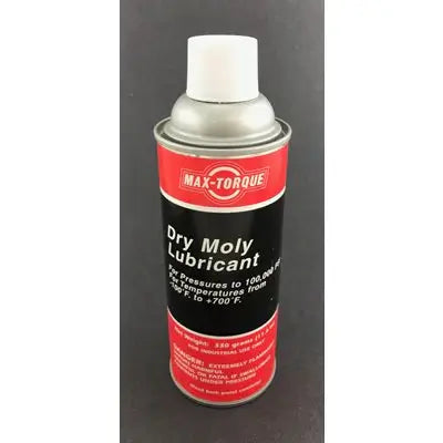 A Red and Black Metal Bottle of Max Torque Dry Moly Lubricant with a White Cap and White Text.