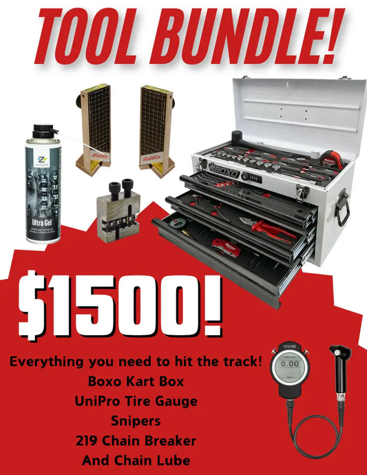 Reed Motorsports Karting Tool Bundle Graphic Showcasing a Toolbox, Tire Gauge, Chain Breaker, Sniper Laser Aligners, and Chain Lube.