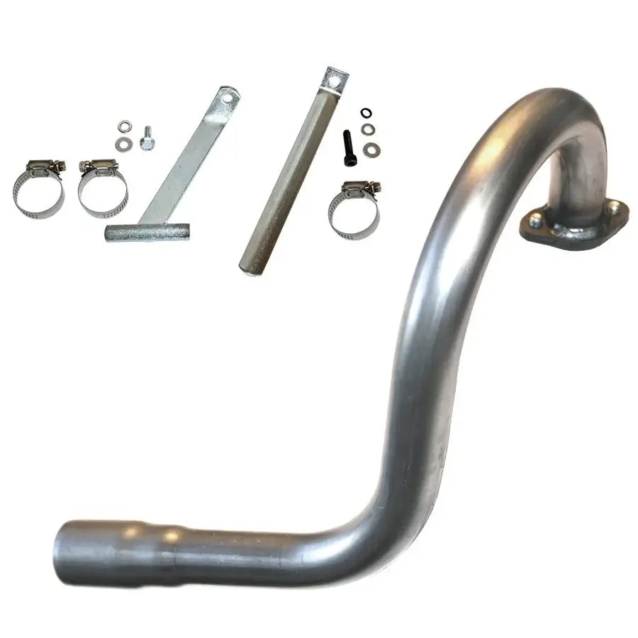 A Silver, Metal Exhaust Pipe, Bracket, and Hardware Kit, the RLV 5507 Spec LO206 Pipe.