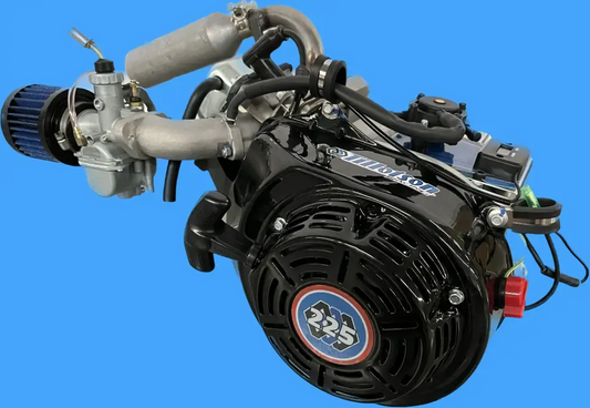 Black Tillotson T4 225RS 225cc 2 Valve 4-Stroke Karting Engine with a Mounted Exhaust and an Air Filter.